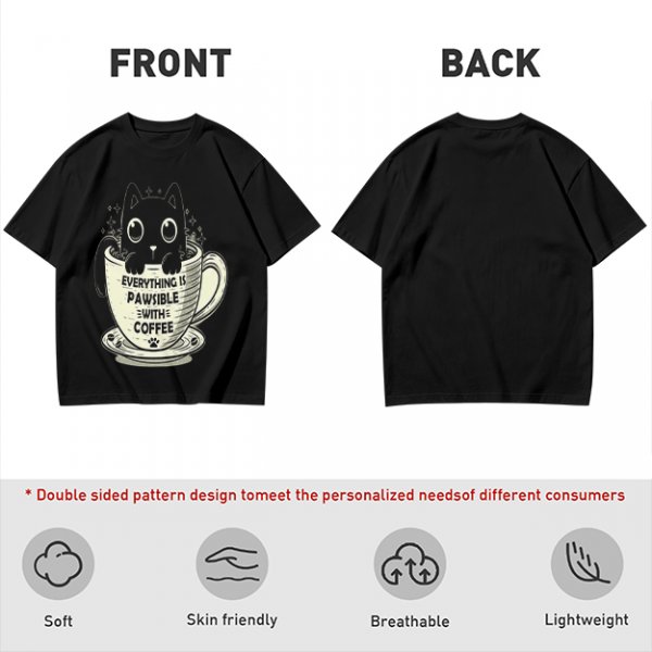 Olive T-Shirt With Black Cat In Coffee Cup 'Everything Is Pawsible With Coffee' Print