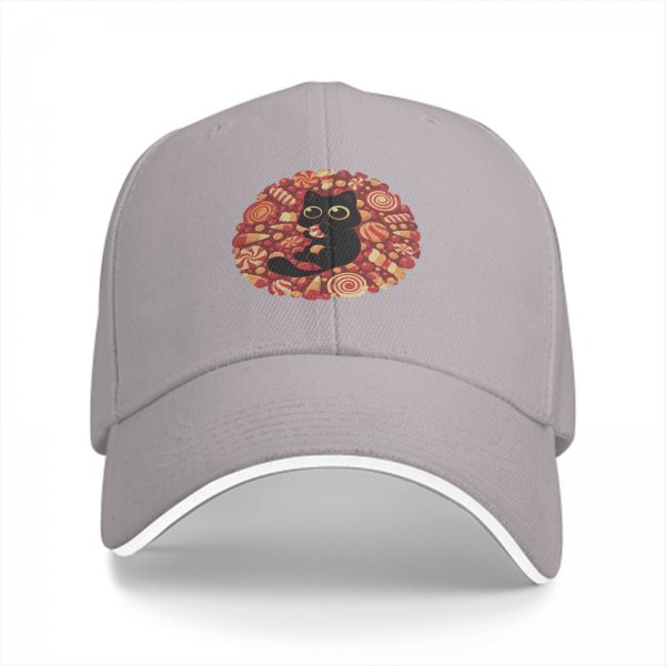 Black Baseball Cap with Cute Black Cat and Candy Print