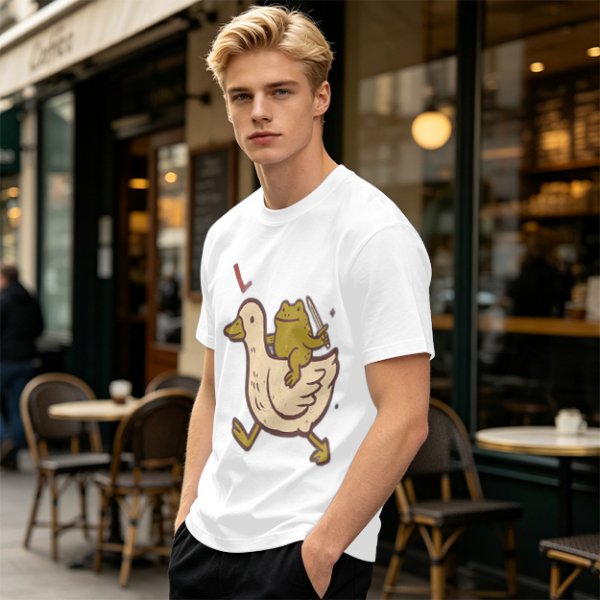 Olive T-Shirt Featuring Frog Riding Duck Holding Knife