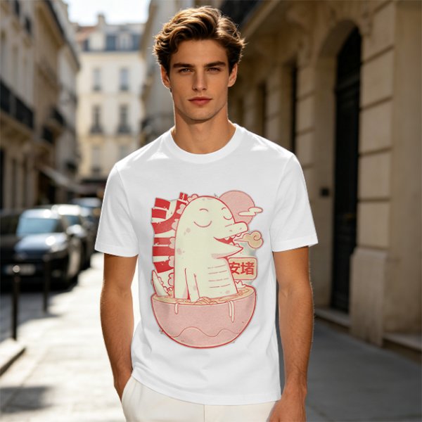 Olive t-shirt with a cartoon dinosaur in a ramen bowl graphic