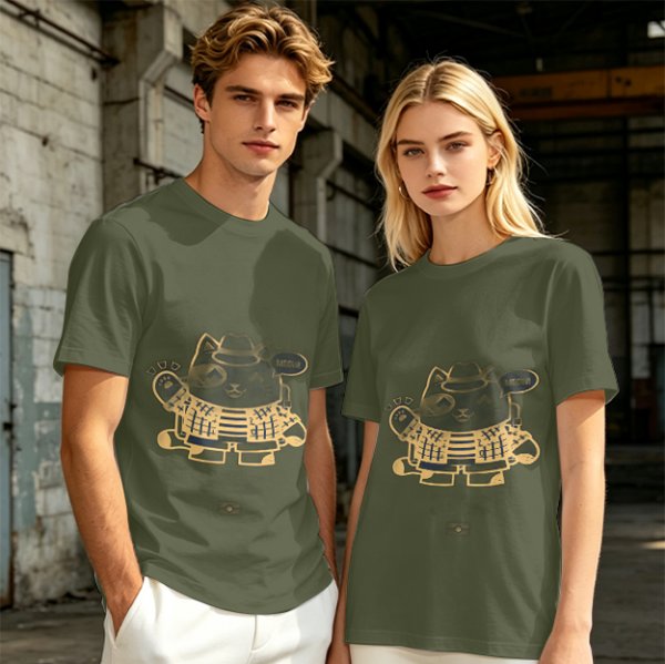 Olive Green T-Shirt With Stylish Cat Graphic Print