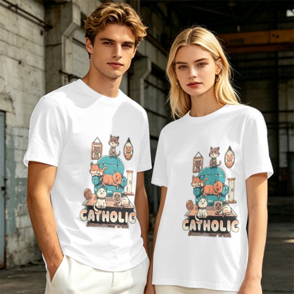 Olive T-Shirt With Funny Cat Graphic 'Catholic' Print