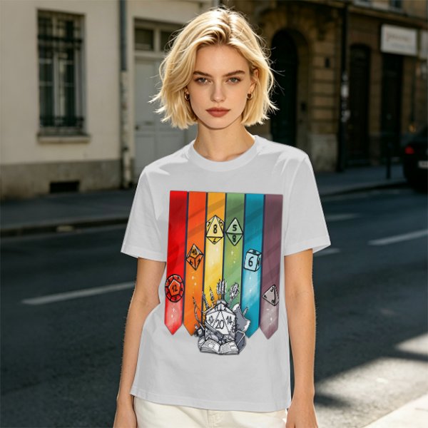 Dungeons and Dragons Polyhedral Dice Rainbow Graphic T-Shirt
