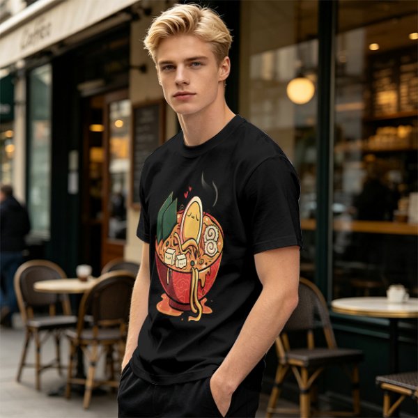 Olive T-Shirt With Cute Ramen Bowl Graphic Print
