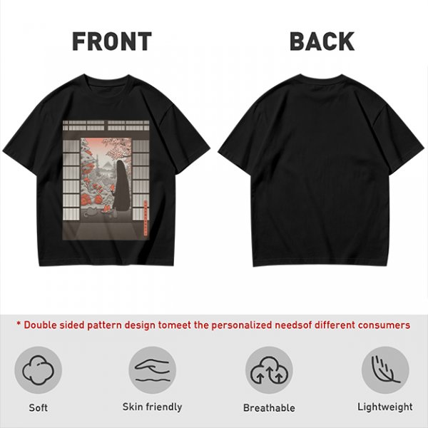 Olive T-Shirt with Japanese Shinto-inspired Window Landscape Print