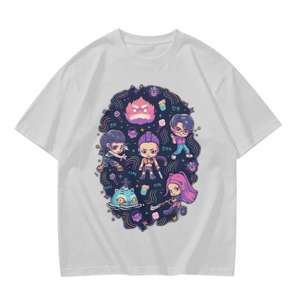 Olive T-shirt with Chibi Fantasy Characters and Whimsical Art Print