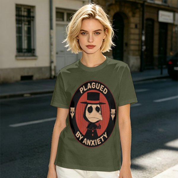 Olive T-Shirt With Plagued By Anxiety Plague Doctor Graphic