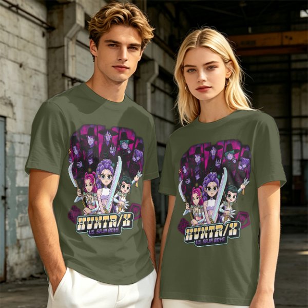 Olive Graphic Tee with Anime Hunter Characters and Huntr/X Text