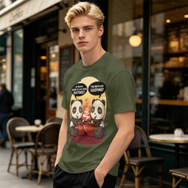 Olive t-shirt with pandas debating life beyond eating and sleeping