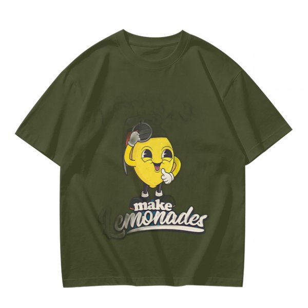 Olive green t-shirt with cheerful lemon mascot graphic and make lemonades text