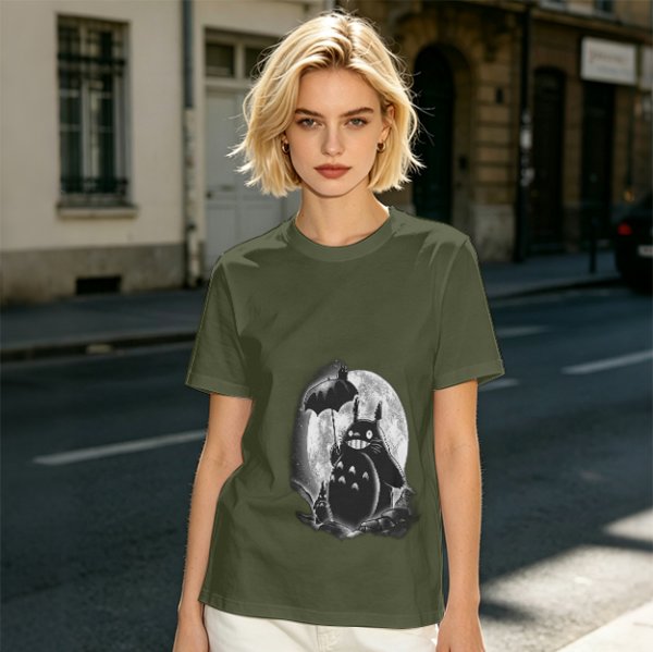 Olive t-shirt with Totoro and small spirits under full moon print