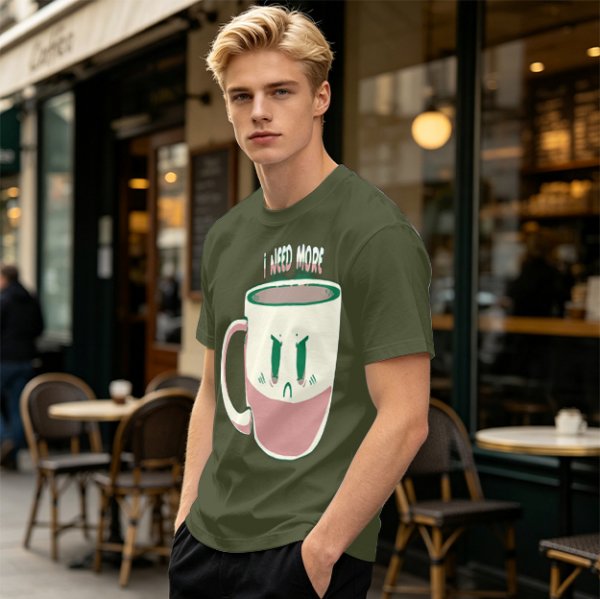 Olive Graphic Tee With Angry Coffee Cup I Need More Print