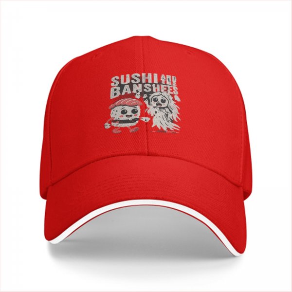 Black baseball cap with sushi and banshees graphic design