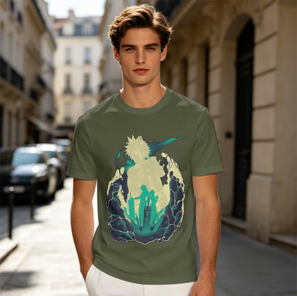 Anime Silhouette Graphic Olive Green Short Sleeve T-Shirt