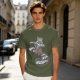 Olive graphic tee with raccoon driving car and 'Way to make bad decisions' text
