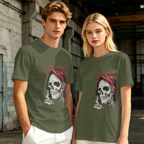 Olive Graphic T-Shirt with Skull and 'I Love My Job' Print