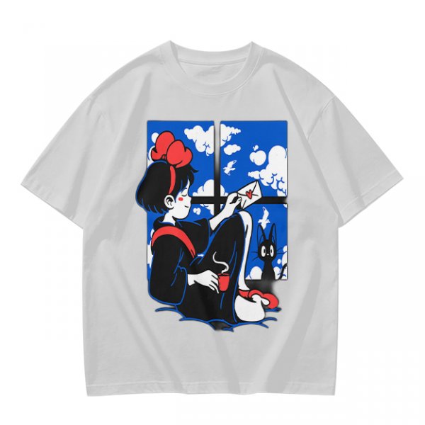 Olive t-shirt with Kiki's Delivery Service window print of girl reading letter