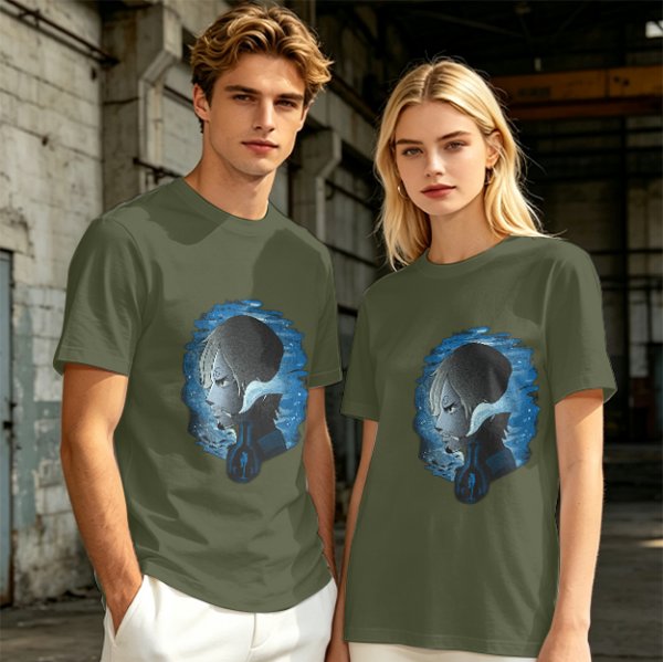 Olive T-Shirt With Anime Character Profile In Blue Cosmic Print