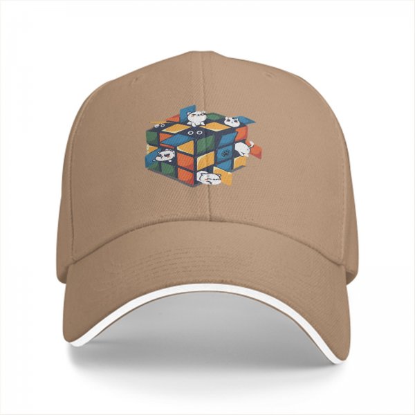 Black baseball cap with playful cats in a Rubik's cube graphic