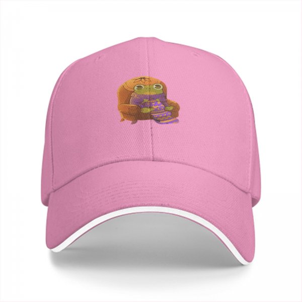 Black baseball cap with a cozy frog sitting in an armchair graphic