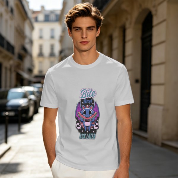Olive graphic t-shirt with bat cat holding watermelon and 'Bite First Ask Later' text