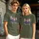 Olive T-shirt with Cartoon Group of Four People and Bowls Print