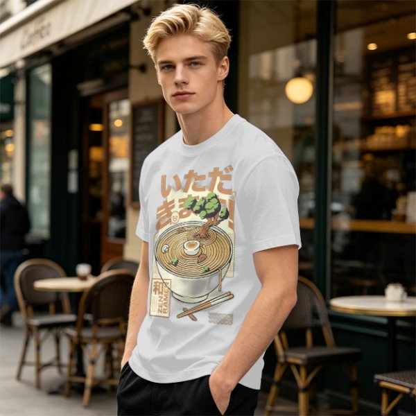 Olive green t-shirt with zen ramen bowl and bonsai tree print