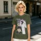 Olive graphic tee with Wednesday and Enid cartoon wolf design