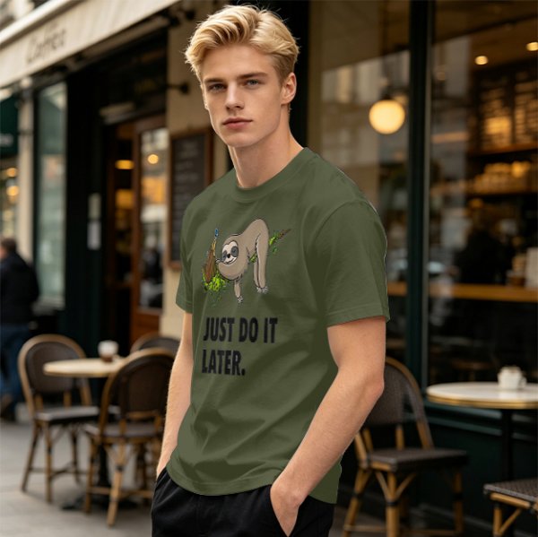 Olive Sloth 'Just Do It Later' Graphic T-Shirt