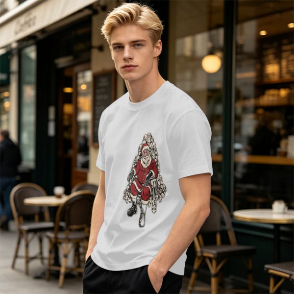 Olive T-shirt with Santa Claus on Skull Throne Graphic