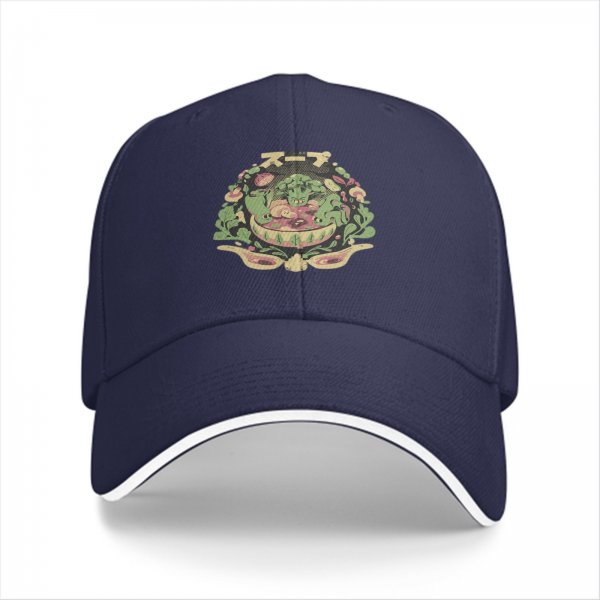 Black baseball cap with vegetable soup themed graphic print