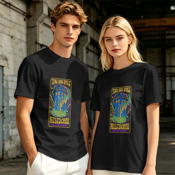 Olive T-Shirt with Psychedelic Time and Space Meltdown Tardis Art