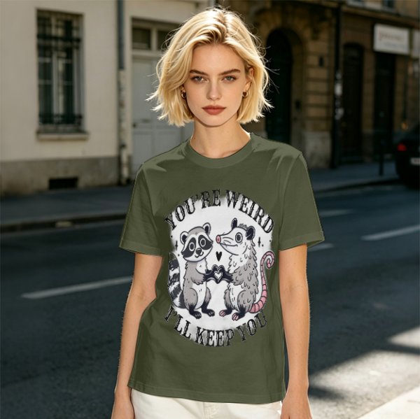 Olive T-Shirt With Raccoon and Opossum Weird Love Graphic