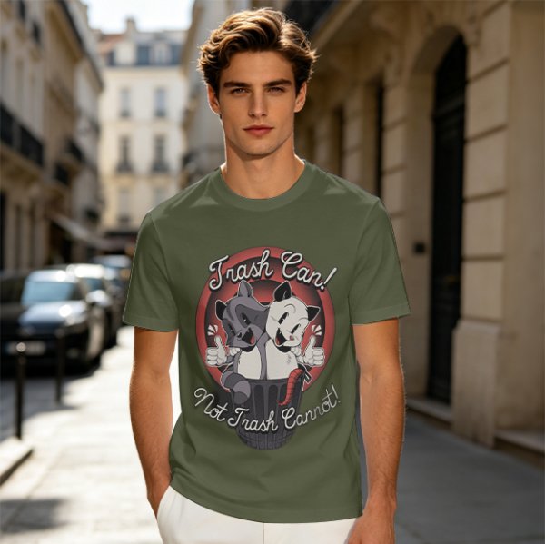Olive t-shirt with retro cartoon raccoon and dog trash can print