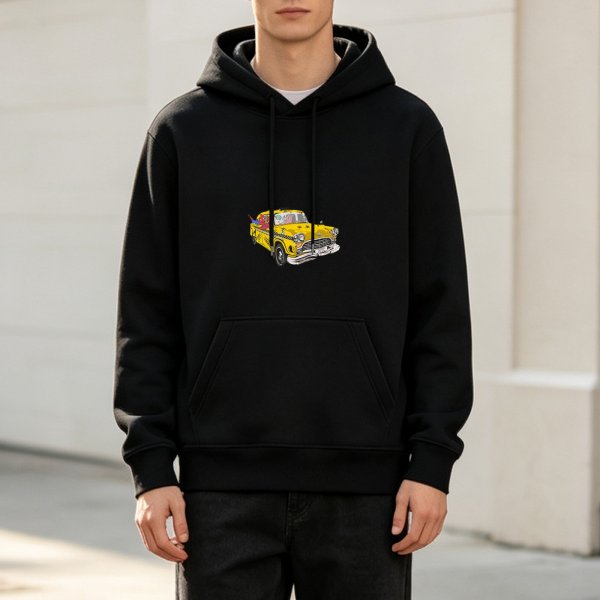 Black Hoodie With Vintage Yellow Taxi Graphic Print