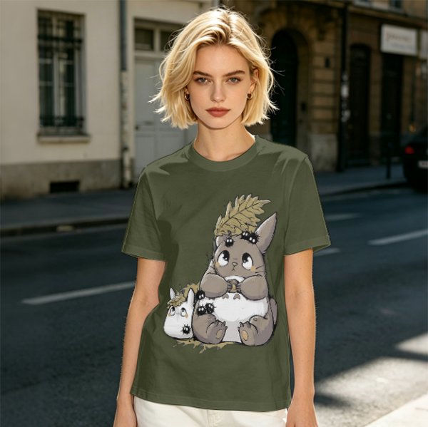 Olive T-Shirt With Cute Totoro And Soot Sprite Anime Print