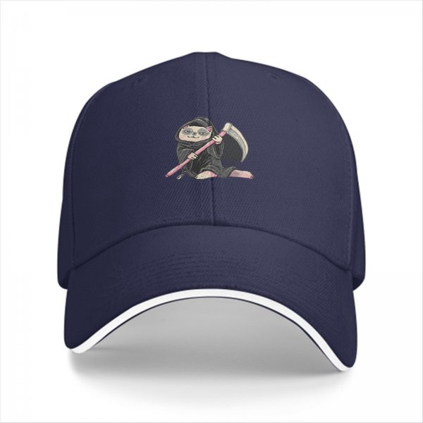 Black baseball cap with a cartoon grim reaper sloth graphic