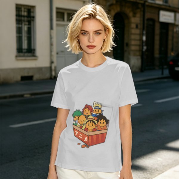 Olive T-shirt with Chibi Anime Characters in Takeout Box