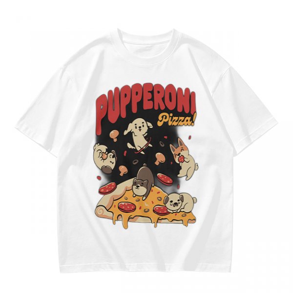Olive green graphic t-shirt with playful pupperoni pizza dog design