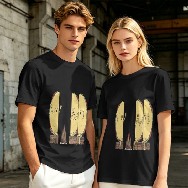 Olive T-Shirt With Funny Taco Characters Around A Campfire