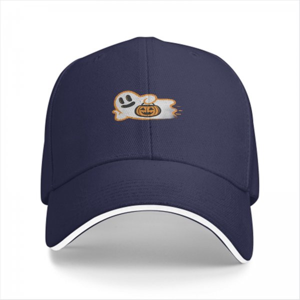 Black Baseball Cap With Cute Ghost Holding Jack O Lantern Halloween Design