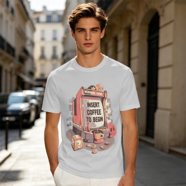 Gaming Themed T-Shirt With 'Insert Coffee To Begin' Print