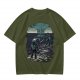 Olive T-shirt with two warriors standing in water holding swords
