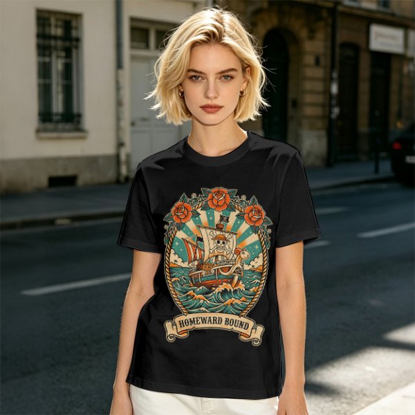 Olive T-shirt with Pirate Ship Homeward Bound Tattoo Style Print