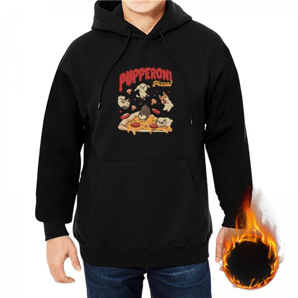 Black hoodie with playful puppy pepperoni pizza graphic