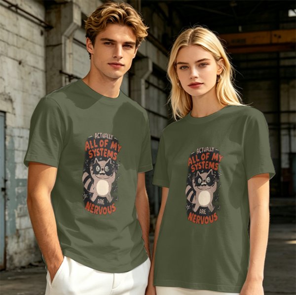 Olive graphic t-shirt with nervous raccoon and 'all of my systems nervous' text