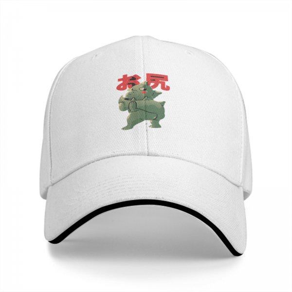 Black baseball cap with green monster graphic and red Japanese text