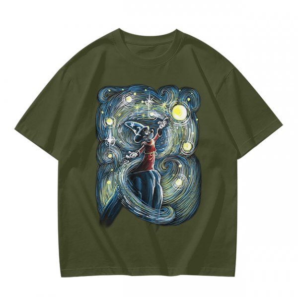 Olive T-Shirt With Sorcerer Mickey Starry Night Artwork