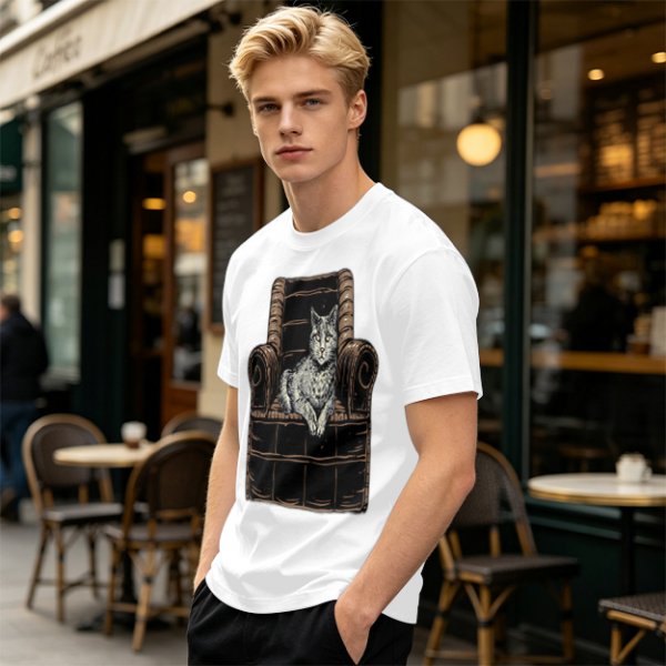 Olive Green T-Shirt With Cat In Armchair Graphic Print