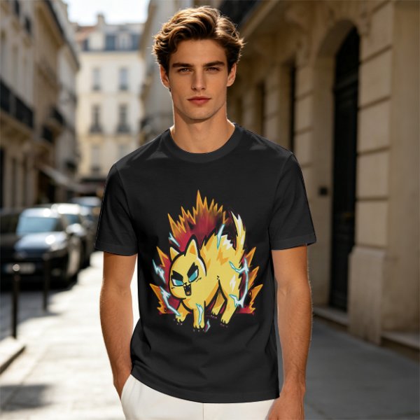 Olive T-Shirt With Super Saiyan Style Electric Cat Graphic